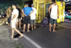 Putus Baut Roda, Truk Pembawa Kayu Balok Terguling